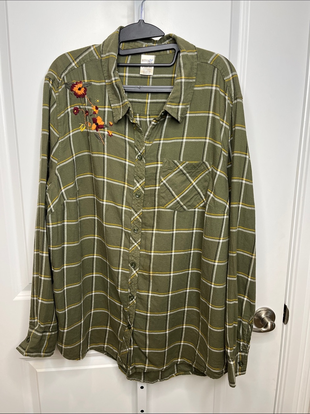 Terra & Sky Olive Plaid Button-Down Embroidered Floral Accent Fall Women’s 1X